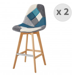 OWEN - Chaise de bar scandinave tissu patchwork bleu pieds hêtre (x2)