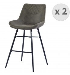 QUEENS - Chaises de bar industrielle microfibre vintage marron foncé pieds métal noir (x2)