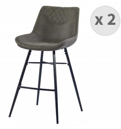 QUEENS-Tabourets de bar microfibre vintage ébène pieds métal noir (x2)