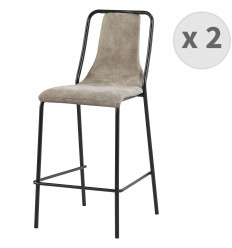 HARLEM - Chaises de bar industrielle microfibre vintage marron clair pieds métal noir (x2)