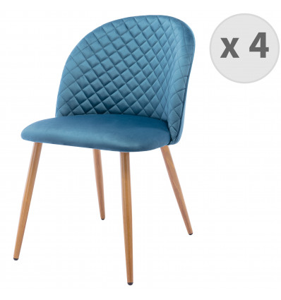 LOLA - Chaise vintage velours bleu canard pieds métal effet bois,(x4)