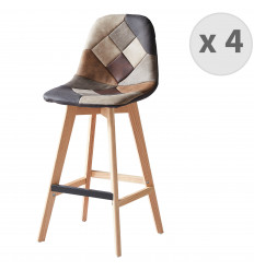 OWEN OAK - Chaise de bar vintage patchwork pieds chêne(x4)