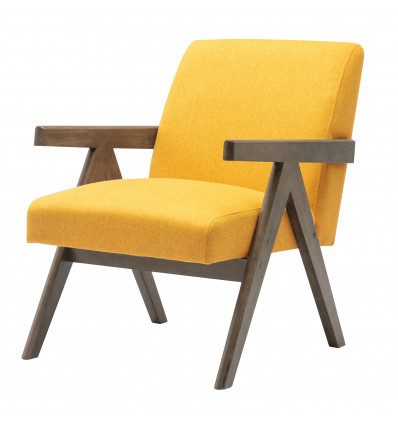 WARREN - Fauteuil lounge en tissu Moutarde et bois teinté noyer gris