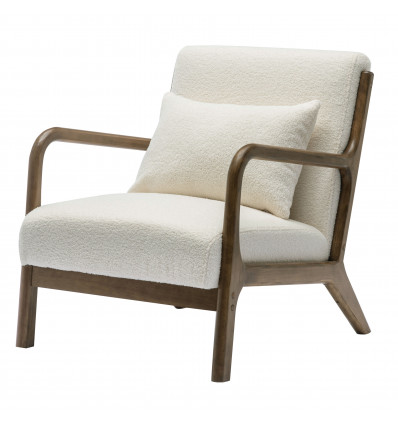 ZACK - Fauteuil lounge avec coussin Bouclette Ecru et bois teinté noyer