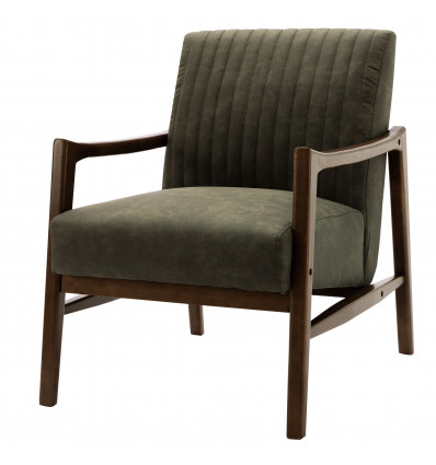 DAN - Fauteuil lounge en microfibre vintage Army et bois teinté noyer