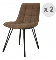 LILY - Chaise industrielle microfibre vintage marron clair pieds métal noir (x2)